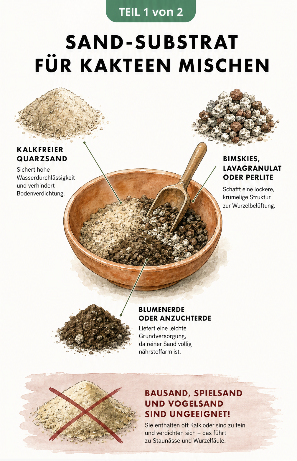 Illustration einer Pflanzschale, in der kalkfreier Quarzsand, Bimskies und Blumenerde für Kakteen gemischt werden.