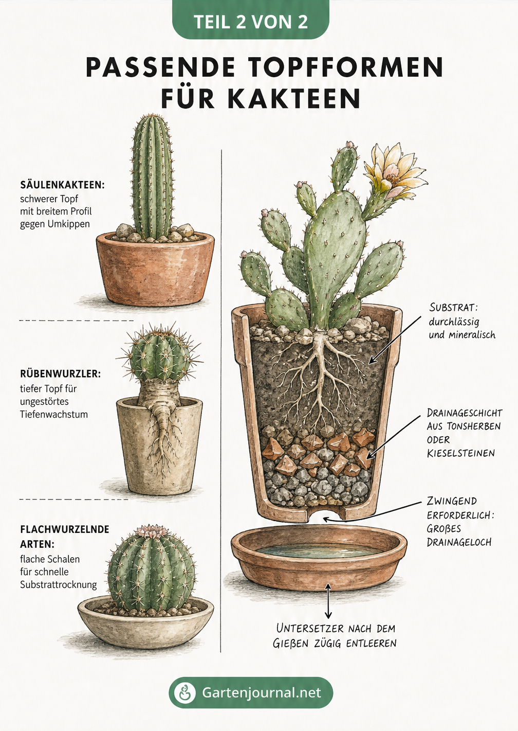 Botanische Lehrtafel mit passenden Topfformen für Säulenkakteen, Rübenwurzler und flachwurzelnde Arten sowie dem idealen Drainagesystem