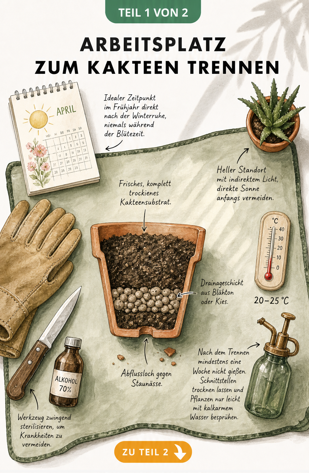 Illustration eines Arbeitsplatzes zum Kakteen trennen mit Pflanzmatte, Handschuhen, Messer, Topf mit Drainageschicht und Thermometer