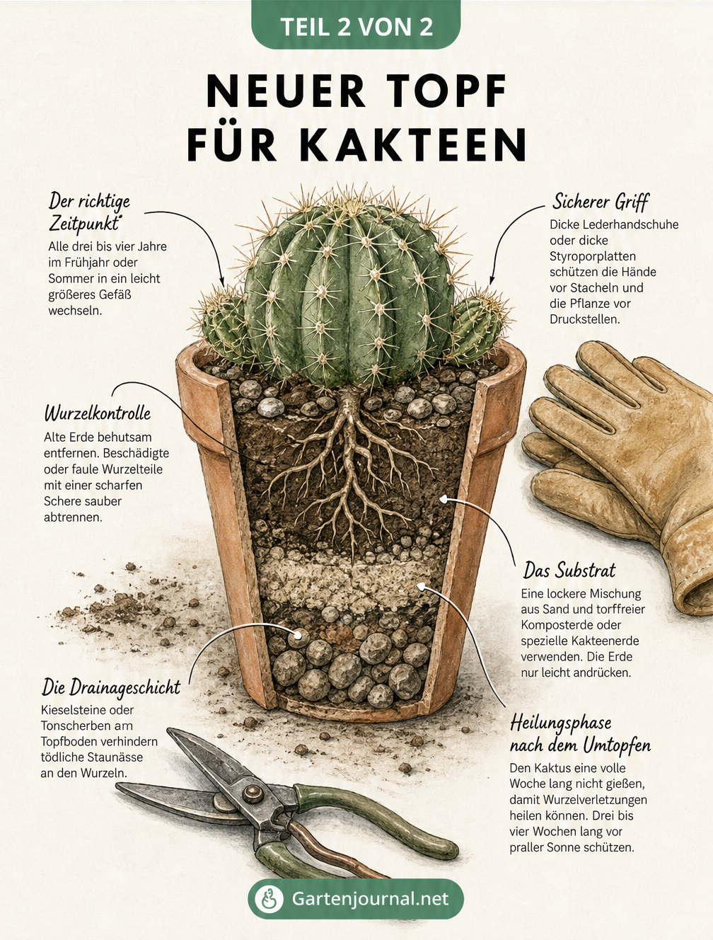 Querschnitt eines bepflanzten Terrakotta-Topfes mit Kaktus, Erde und Drainageschicht
