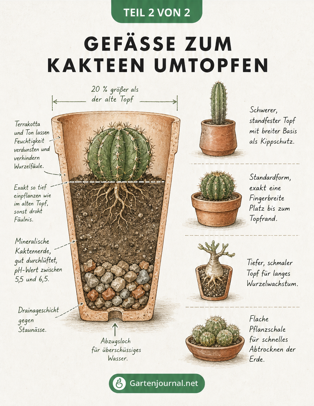 Querschnitt eines Terrakotta-Topfes mit Drainageschicht und Kakteenerde sowie passenden Topfformen für verschiedene Kakteen
