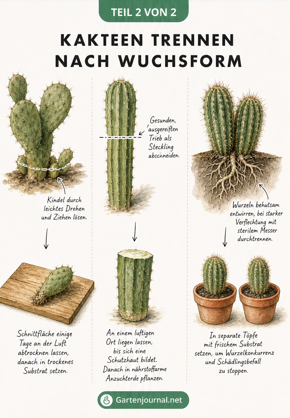 Illustration von drei Methoden zum Kakteen trennen: Kindel abtrennen, Steckling schneiden und Wurzelballen entwirren