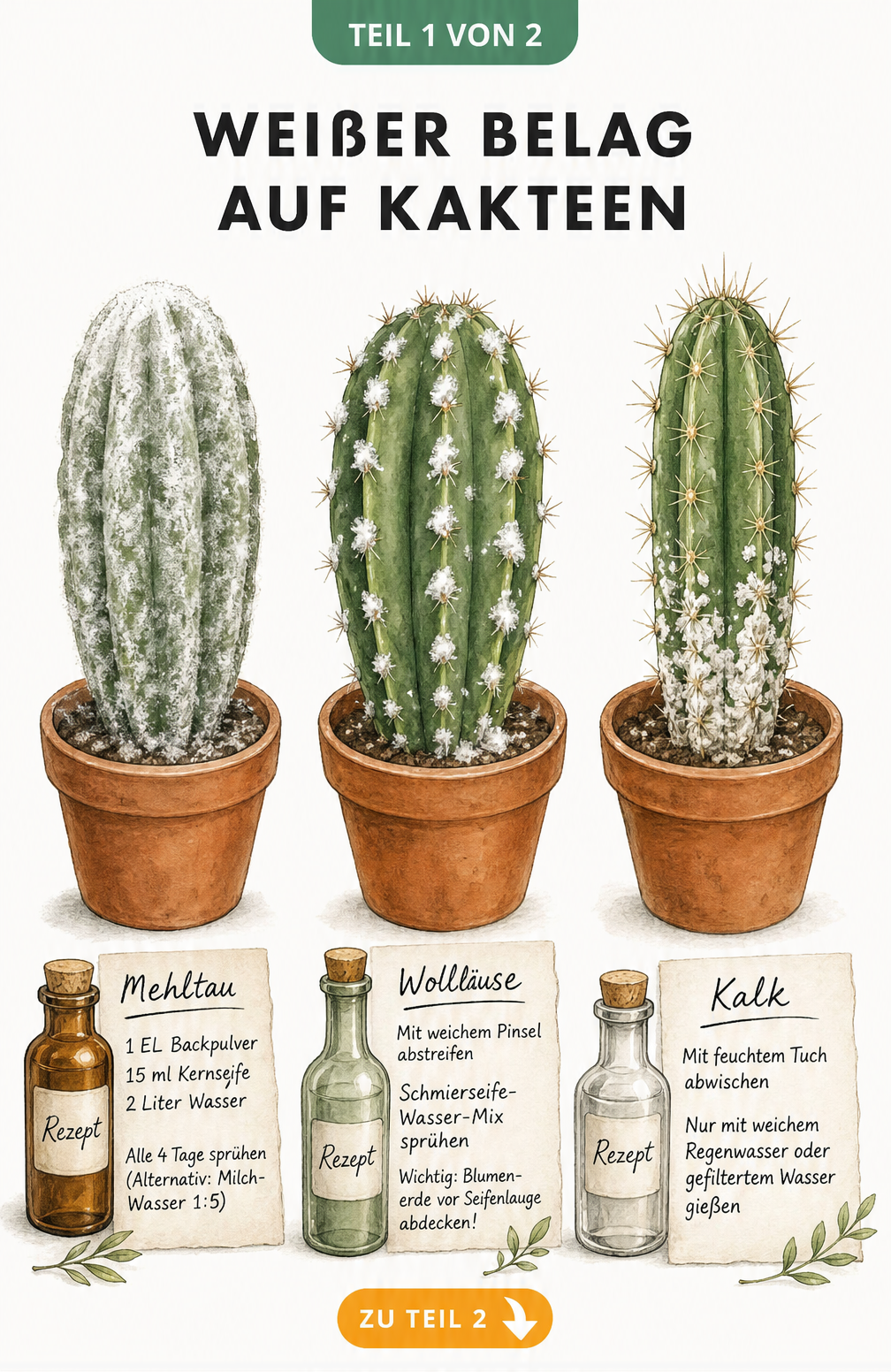 Illustration von drei Kakteen mit unterschiedlichen weißen Belägen wie Mehltau, Wollläusen und Kalk sowie deren Behandlungsmethoden