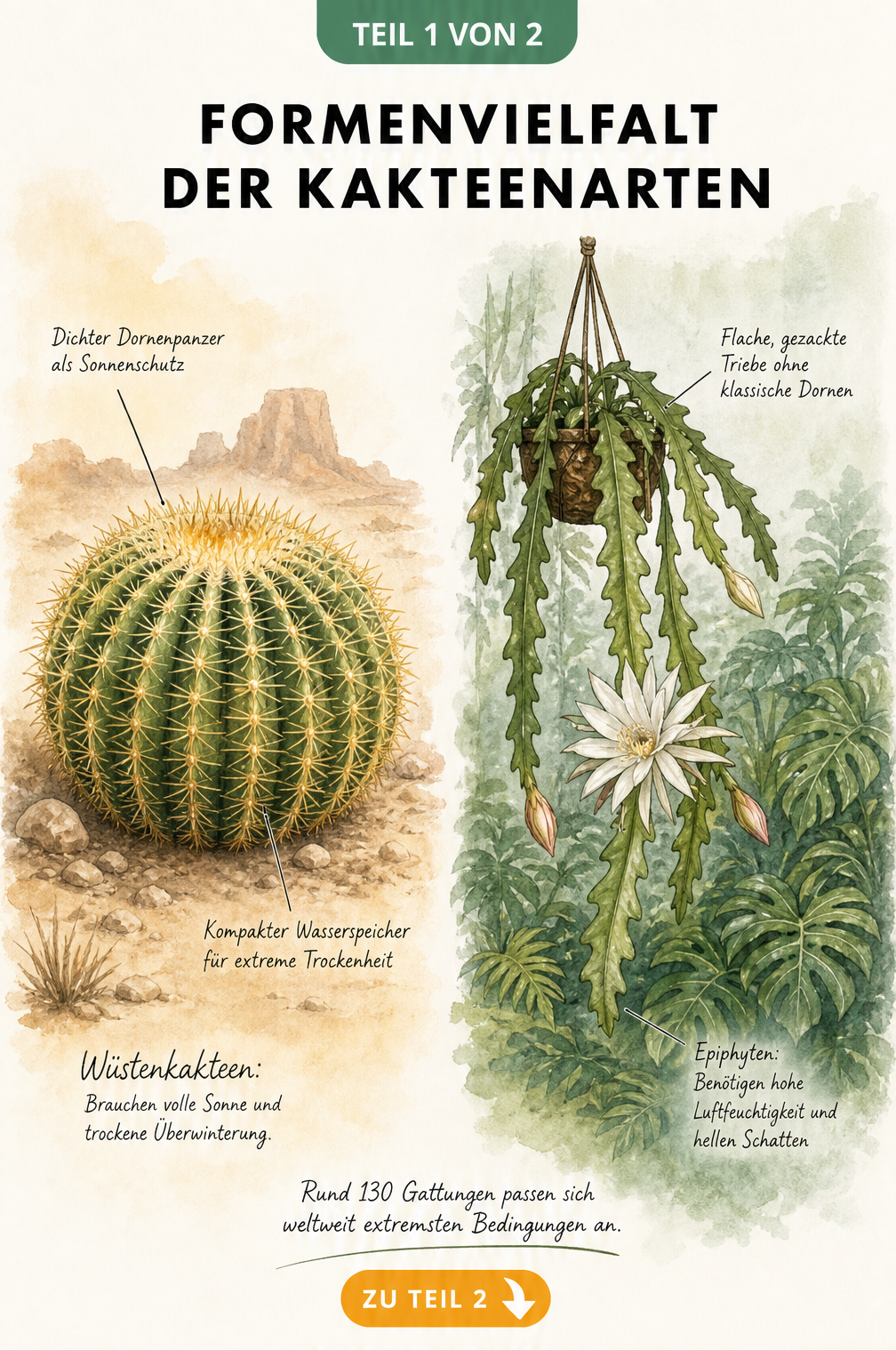 Botanische Illustration eines Wüstenkaktus und eines Dschungelkaktus im Vergleich