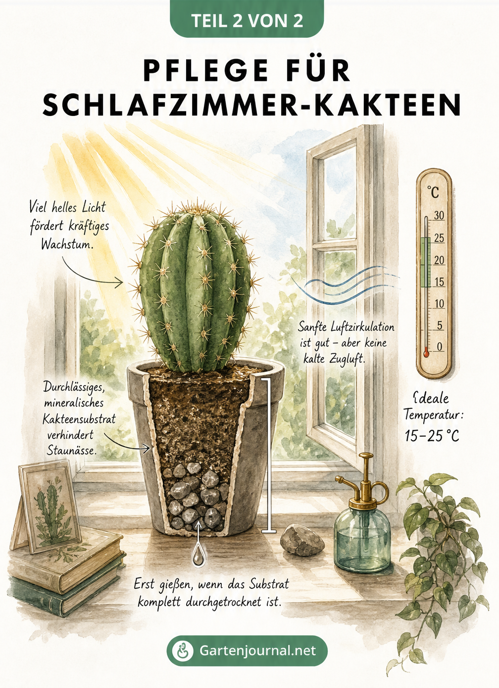 Schnittzeichnung eines Kaktus am Schlafzimmerfenster, die durchlässiges Substrat, ideale Temperaturen von 15 bis 25 Grad und hohen Lichtbedarf illustriert.