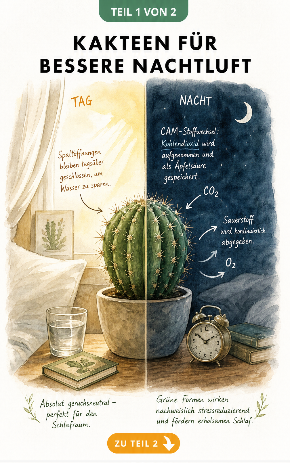 Illustration eines Kaktus auf einem Nachttisch, die den CAM-Stoffwechsel mit Sauerstoffabgabe bei Nacht und geschlossenen Spaltöffnungen am Tag zeigt.