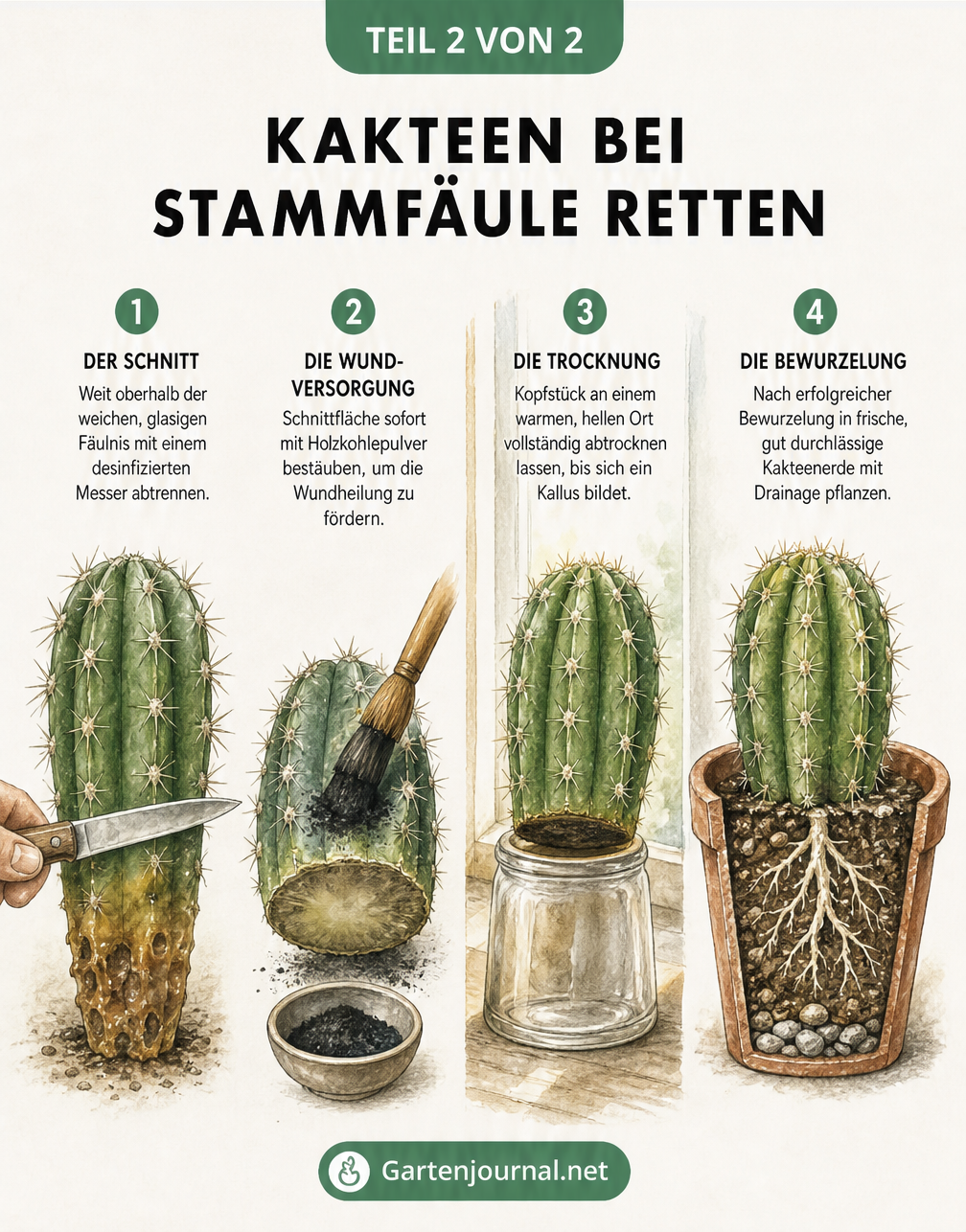 Vier Schritte zur Rettung eines Kaktus bei Stammfäule: gesunden Teil abschneiden, Schnittfläche mit Holzkohle bestäuben, trocknen lassen und neu bewurzeln.