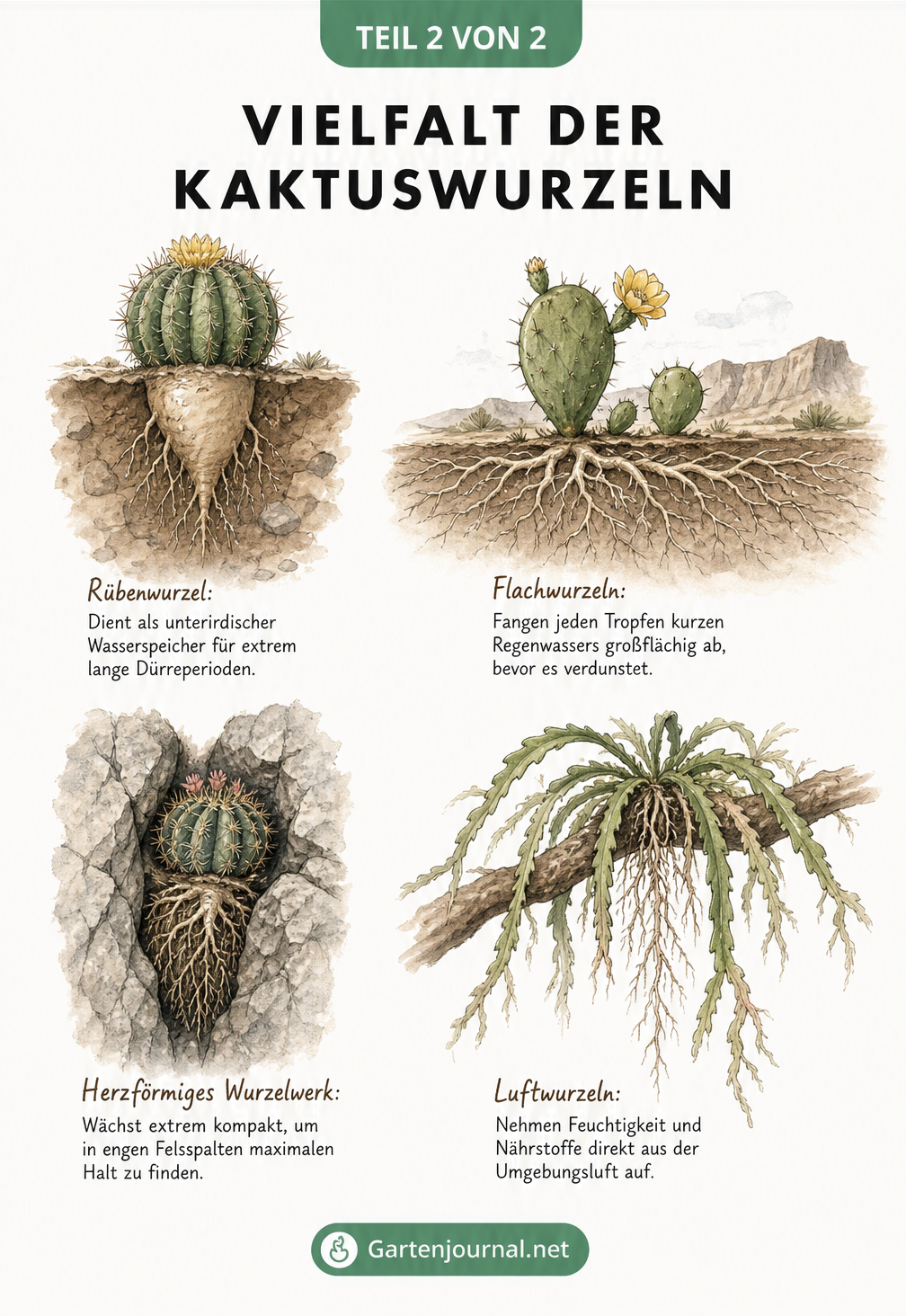 Illustration von vier verschiedenen Kaktusarten und ihren spezifischen Wurzeltypen wie Rübenwurzel und Flachwurzel