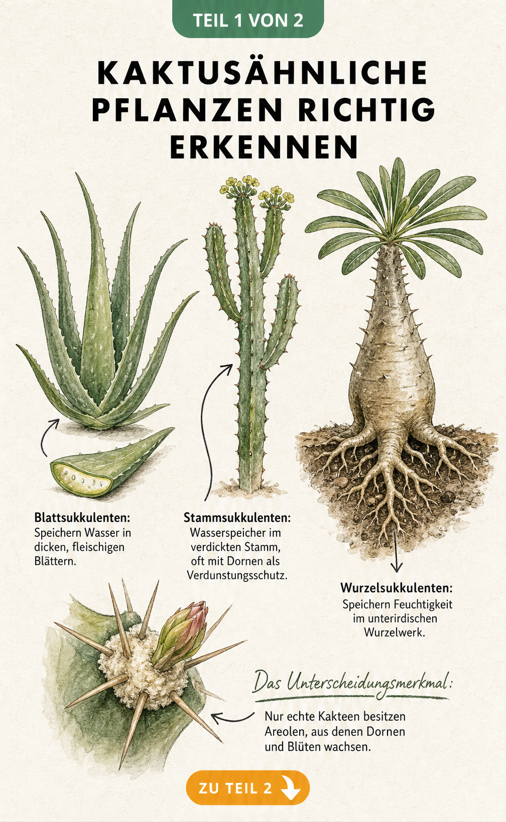 Botanische Illustration von Aloe Vera, Euphorbia und Pachypodium zur Unterscheidung von Blattsukkulenten, Stammsukkulenten und Wurzelsukkulenten
