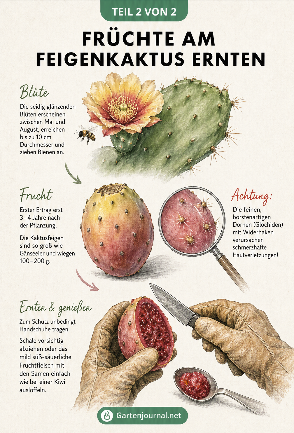 Illustration der Entwicklung von der Blüte zur Kaktusfeige und deren Ernte