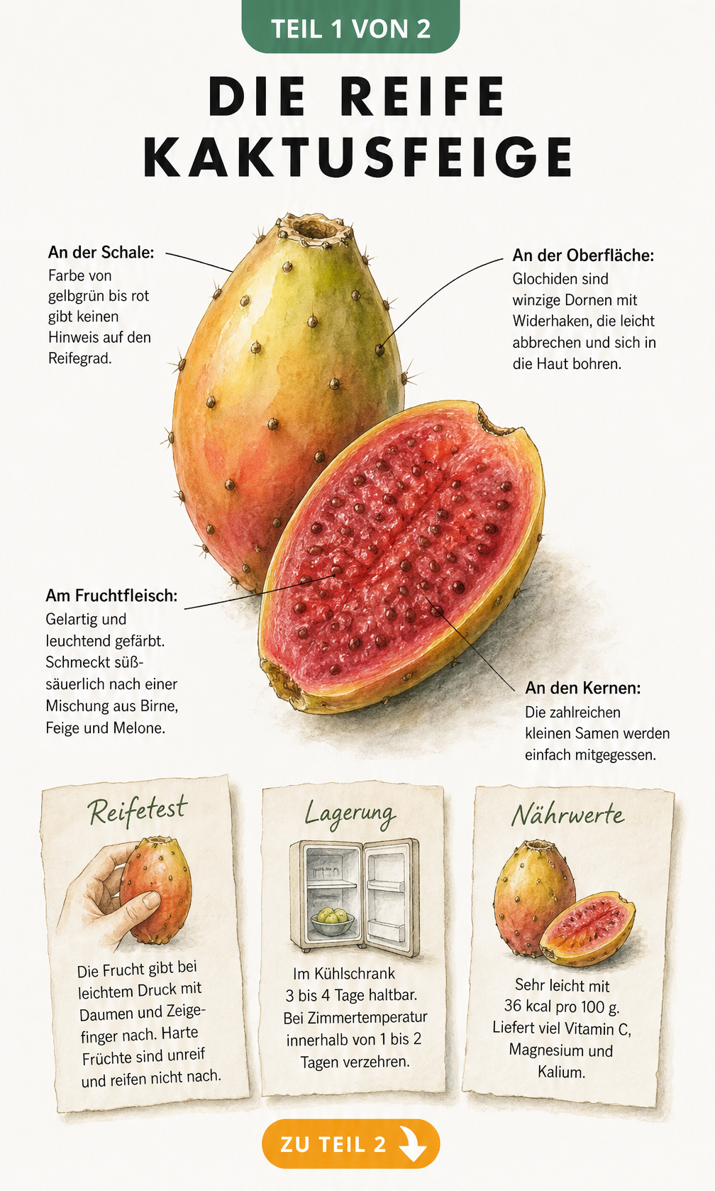 Botanische Illustration einer Kaktusfeige mit aufgeschnittener Hälfte, die Reifegrad, Glochiden und Fruchtfleisch erklärt