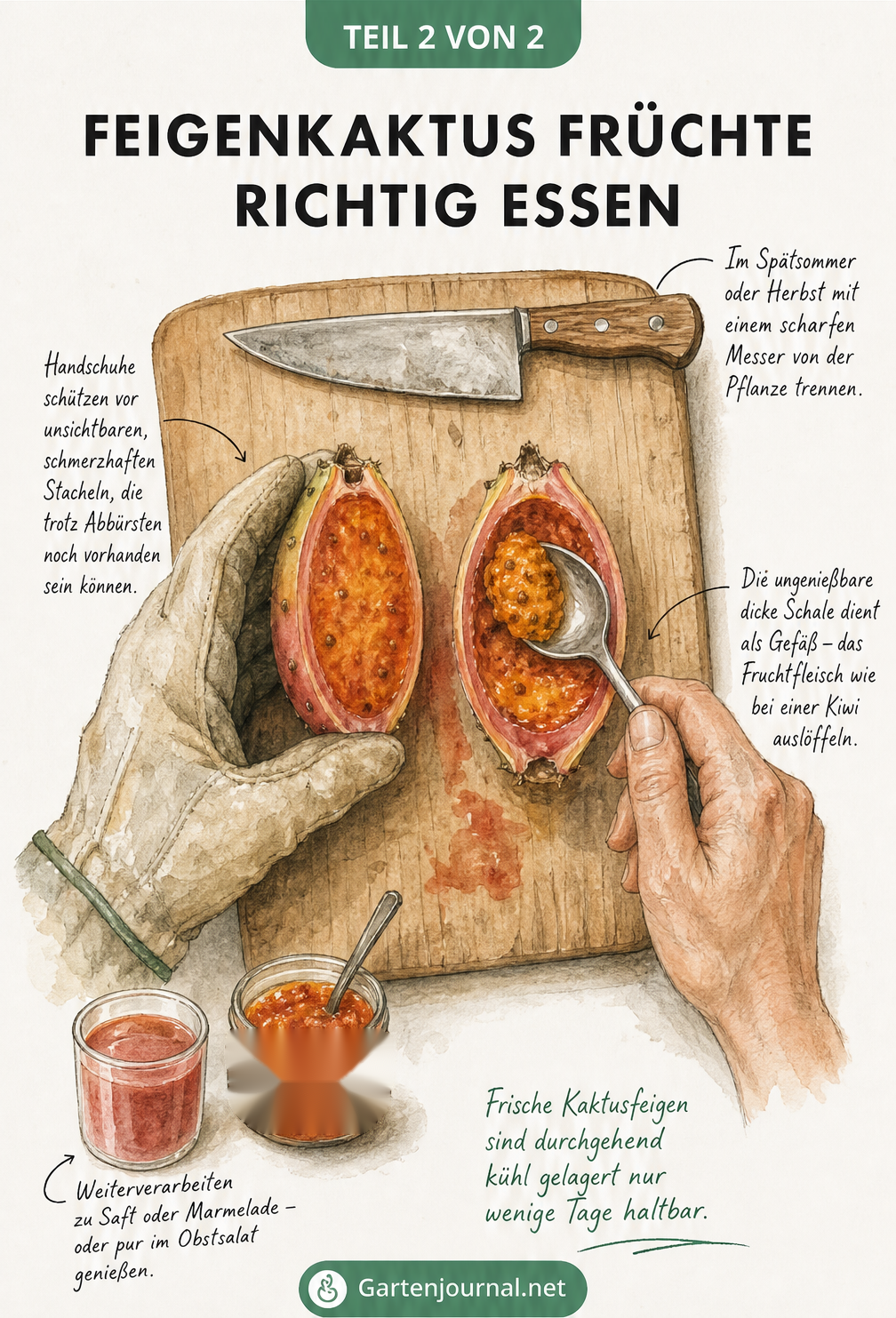 Illustration der Zubereitung einer Kaktusfeige auf einem Holzbrett, mit Hinweisen zum Auslöffeln und Schutz vor Stacheln