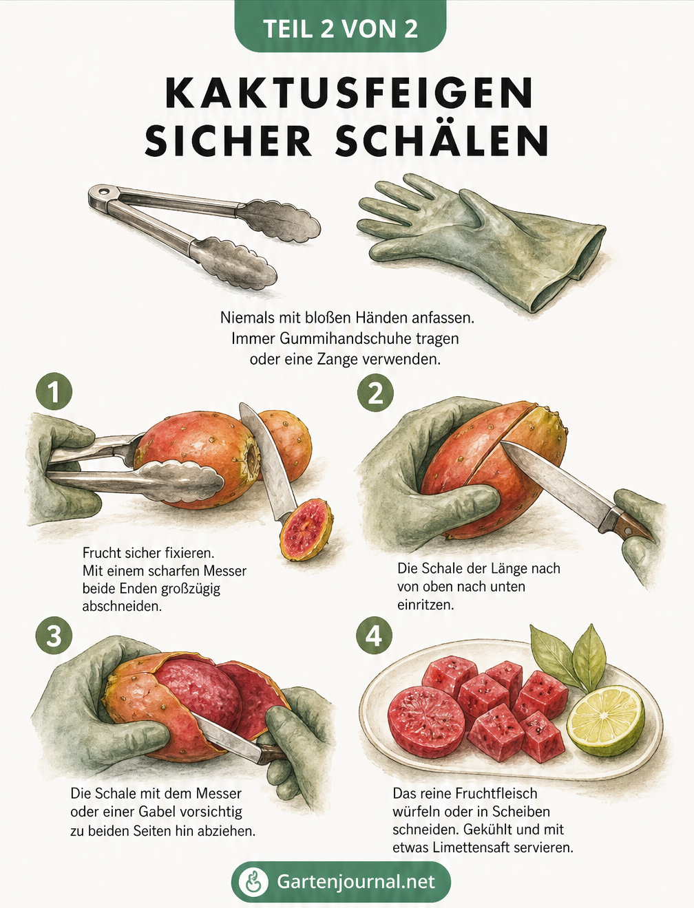 Schritt-für-Schritt-Anleitung zum sicheren Schälen einer Kaktusfeige mit Zange und Messer