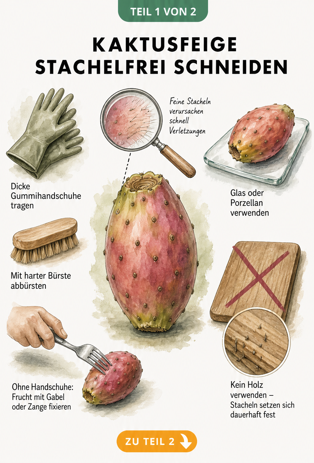 Illustration zur Vorbereitung einer Kaktusfeige mit Gummihandschuhen, Bürste und Glasunterlage