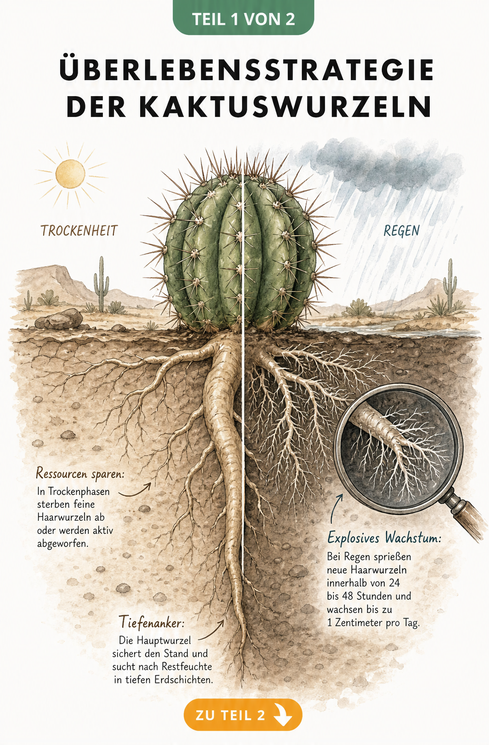 Botanische Schnittzeichnung einer Kaktuswurzel im Wüstenboden bei Trockenheit und Regen