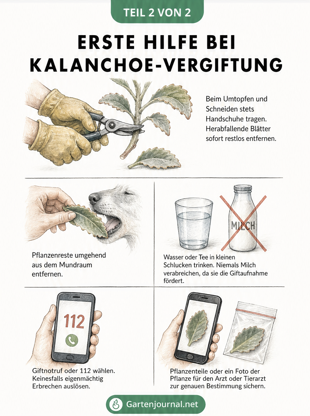 Illustration zur Ersten Hilfe und Prävention bei einer Vergiftung durch Kalanchoe Beharensis