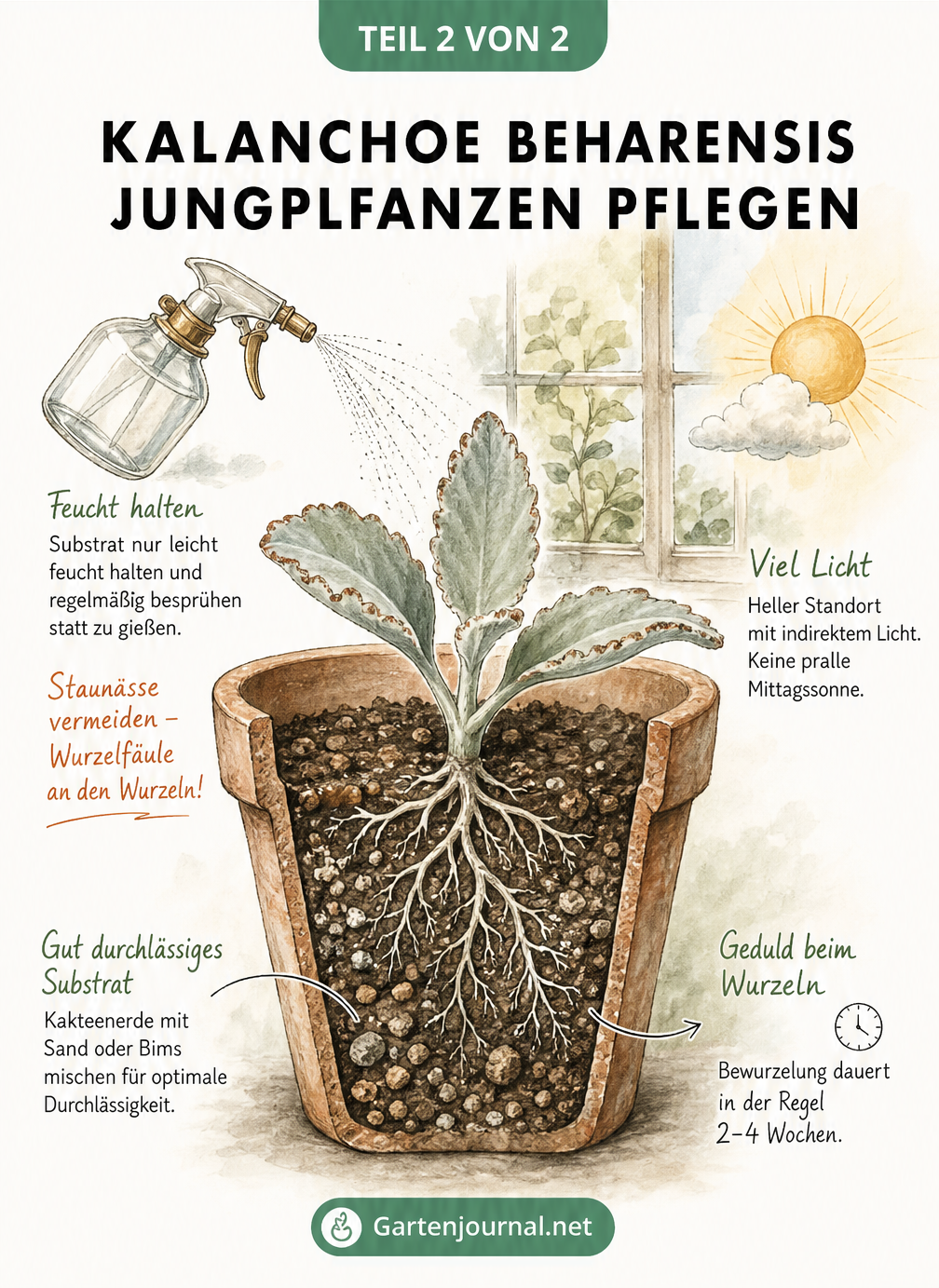 Querschnitt eines Terracottatopfs mit einer Kalanchoe beharensis Jungpflanze in Kakteenerde, besprüht mit Wasser an einem hellen Standort.
