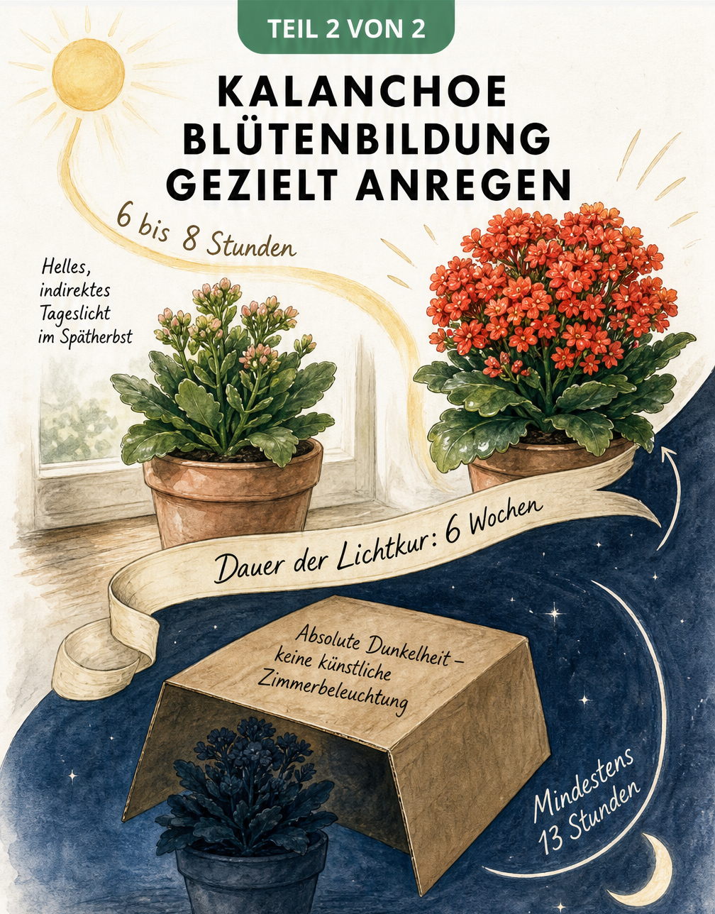 Grafik zur Blütenbildung der Kalanchoe durch eine 6-wöchige Lichtkur mit Tag- und Nachtphasen