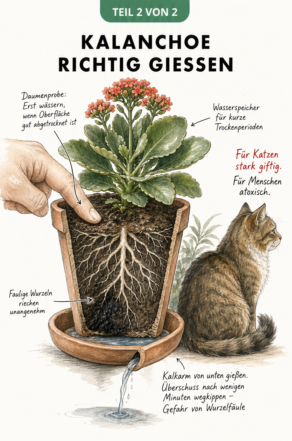 Schnittzeichnung eines Pflanztopfes mit Kalanchoe, die das richtige Gießen und die Vermeidung von Wurzelfäule erklärt.
