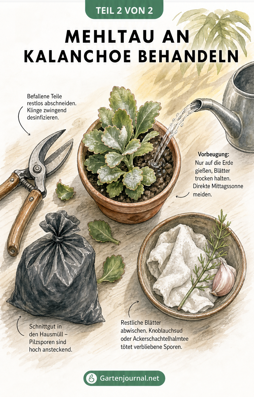 Illustration einer Gärtner-Arbeitsfläche mit Kalanchoe, Gartenschere, Hausmüll-Beutel und Hausmitteln zur Behandlung von Mehltau