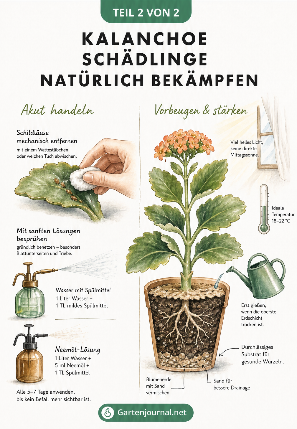 Illustration zur natürlichen Bekämpfung von Kalanchoe-Schädlingen: Mechanisches Entfernen, Besprühen mit Neemöl-Lösung und optimale Pflegebedingungen wie...
