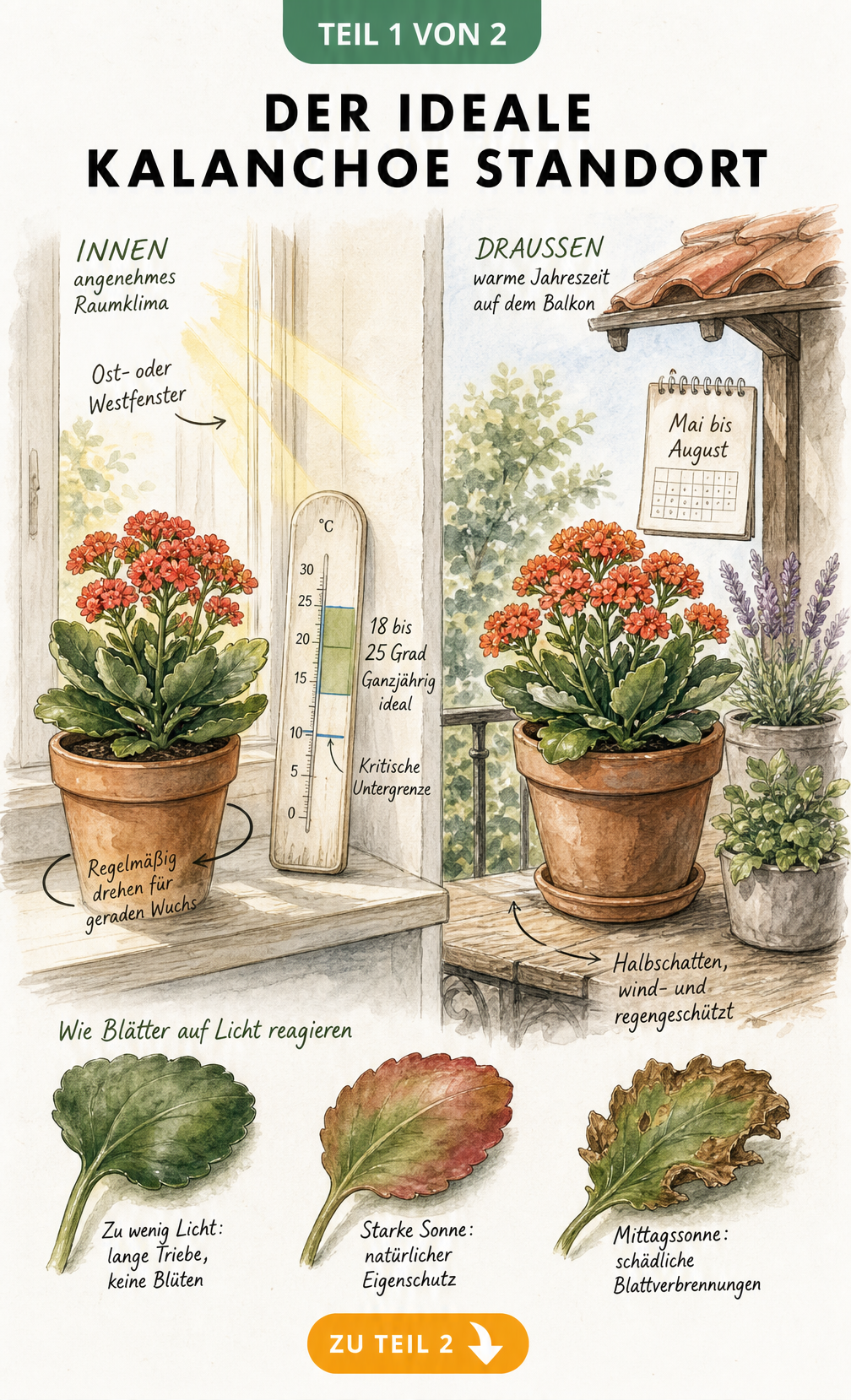Illustration eines idealen Kalanchoe-Standorts am Fenster und auf dem Balkon mit Hinweisen zu Licht und Temperatur