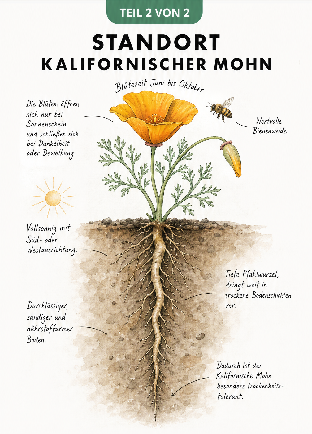 Botanische Illustration des Kalifornischen Mohns mit Blüte, Pfahlwurzel und Standortansprüchen