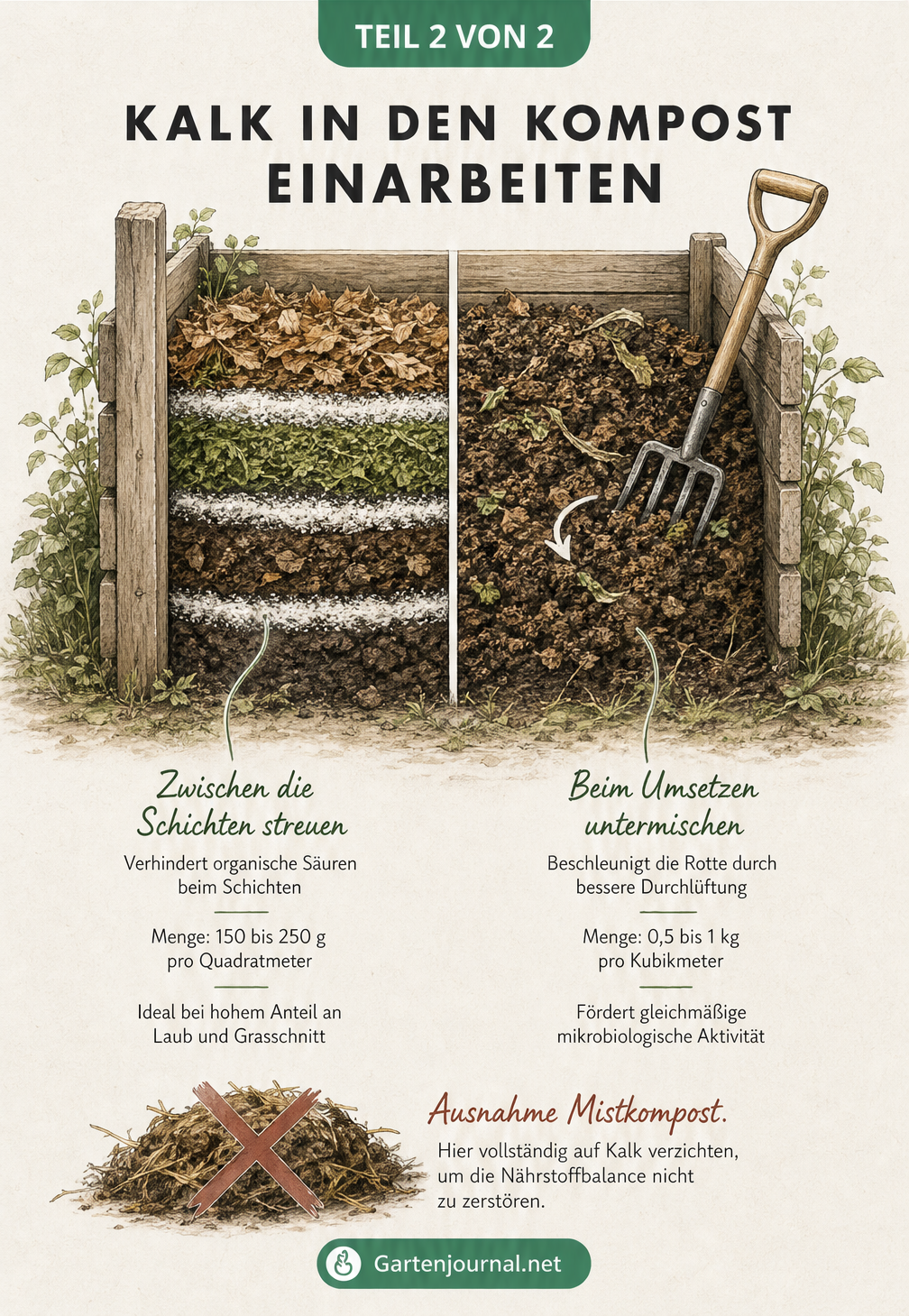 Querschnitt eines Holzkomposters, der zwei Methoden zeigt: Kalk zwischen die Schichten streuen und beim Umsetzen untermischen.