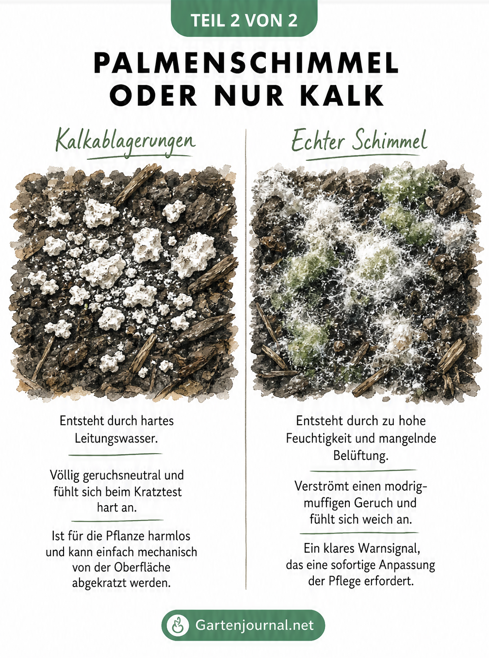 Makro-Illustration von Pflanzenerde, die den Unterschied zwischen weißen Kalkablagerungen und flaumigem Schimmel zeigt