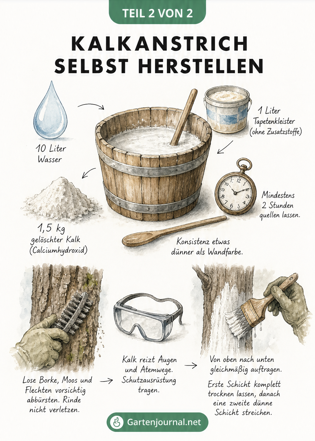 Rezept und Anleitung zur Herstellung eines Kalkanstrichs für Obstbäume mit Wasser, Kleister und gelöschtem Kalk