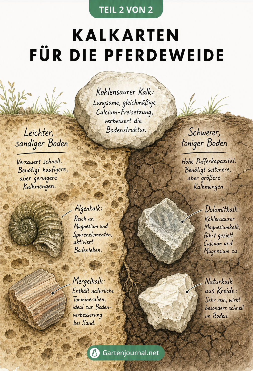 Geologisches Schaubild mit leichtem Sandboden und schwerem Tonboden sowie verschiedenen Kalkarten wie Algenkalk und Dolomitkalk