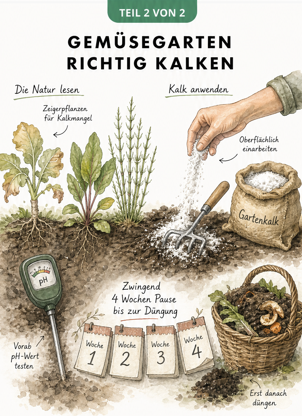 Aquarell-Illustration, die Zeigerpflanzen für Kalkmangel, einen pH-Test und das oberflächliche Einarbeiten von Gartenkalk zeigt.