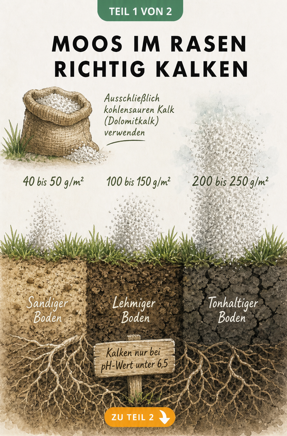 Geologische Schnittzeichnung zeigt die richtige Kalkmenge für sandigen, lehmigen und tonhaltigen Boden bei einem pH-Wert unter 6,5.