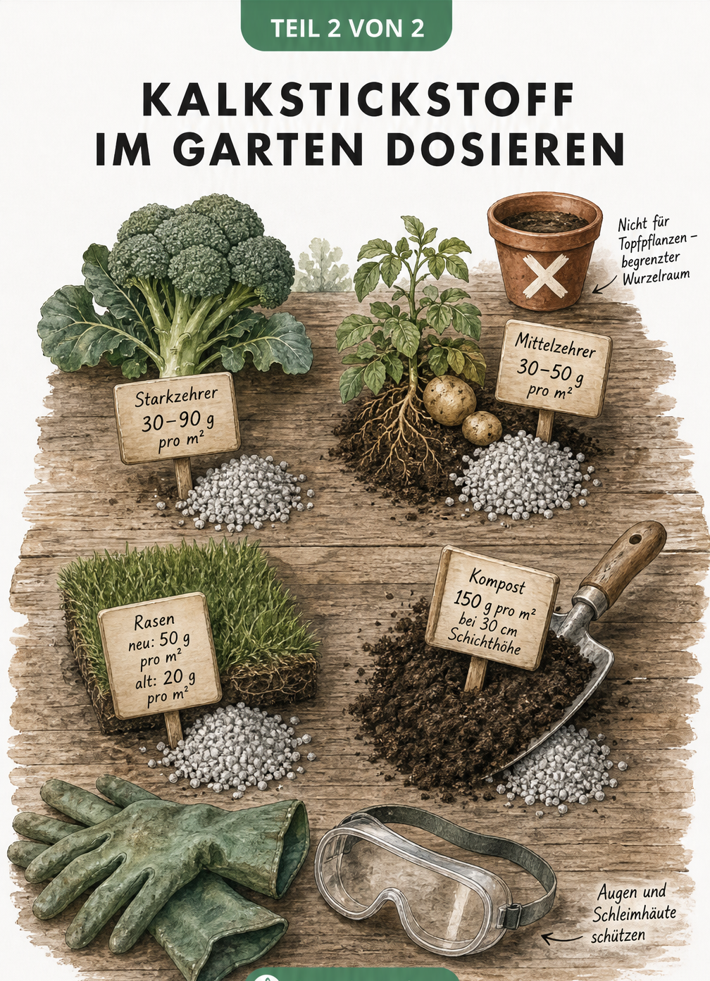 Illustration eines Pflanztisches mit Brokkoli, Kartoffel, Rasen und Kompost sowie den passenden Dosierungsmengen für Kalkstickstoff.