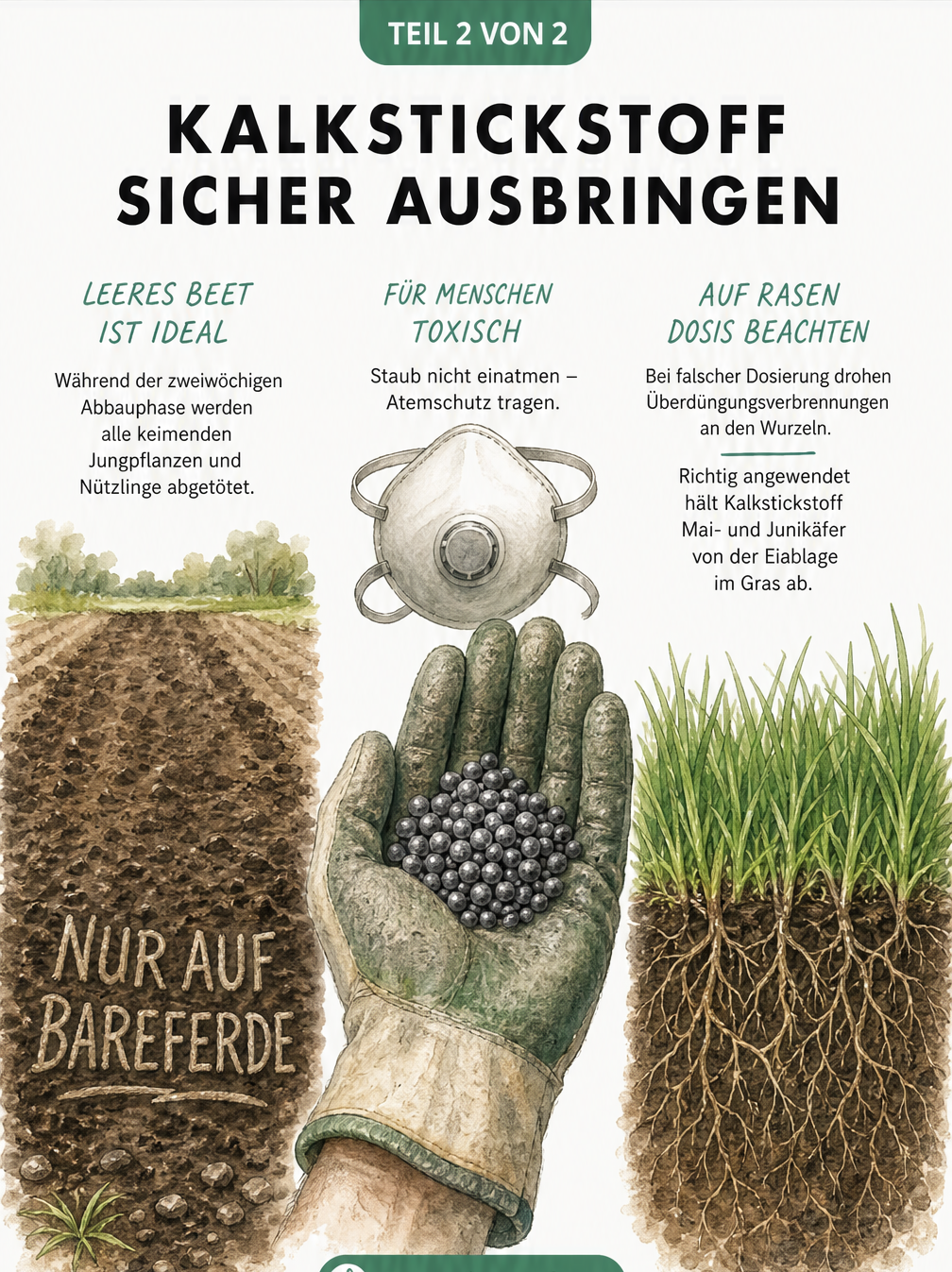 Illustration zur sicheren Ausbringung von Kalkstickstoff mit Schutzhandschuh, Atemschutzmaske, einem leeren Gartenbeet und einem Rasenquerschnitt.