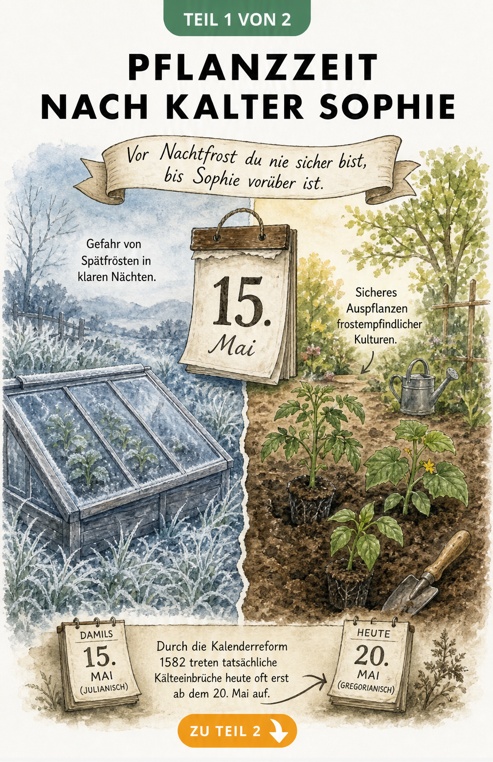 Aquarell-Illustration eines Gartens vor und nach dem 15. Mai, die den Unterschied zwischen Spätfrostgefahr und sicherem Auspflanzen zeigt.