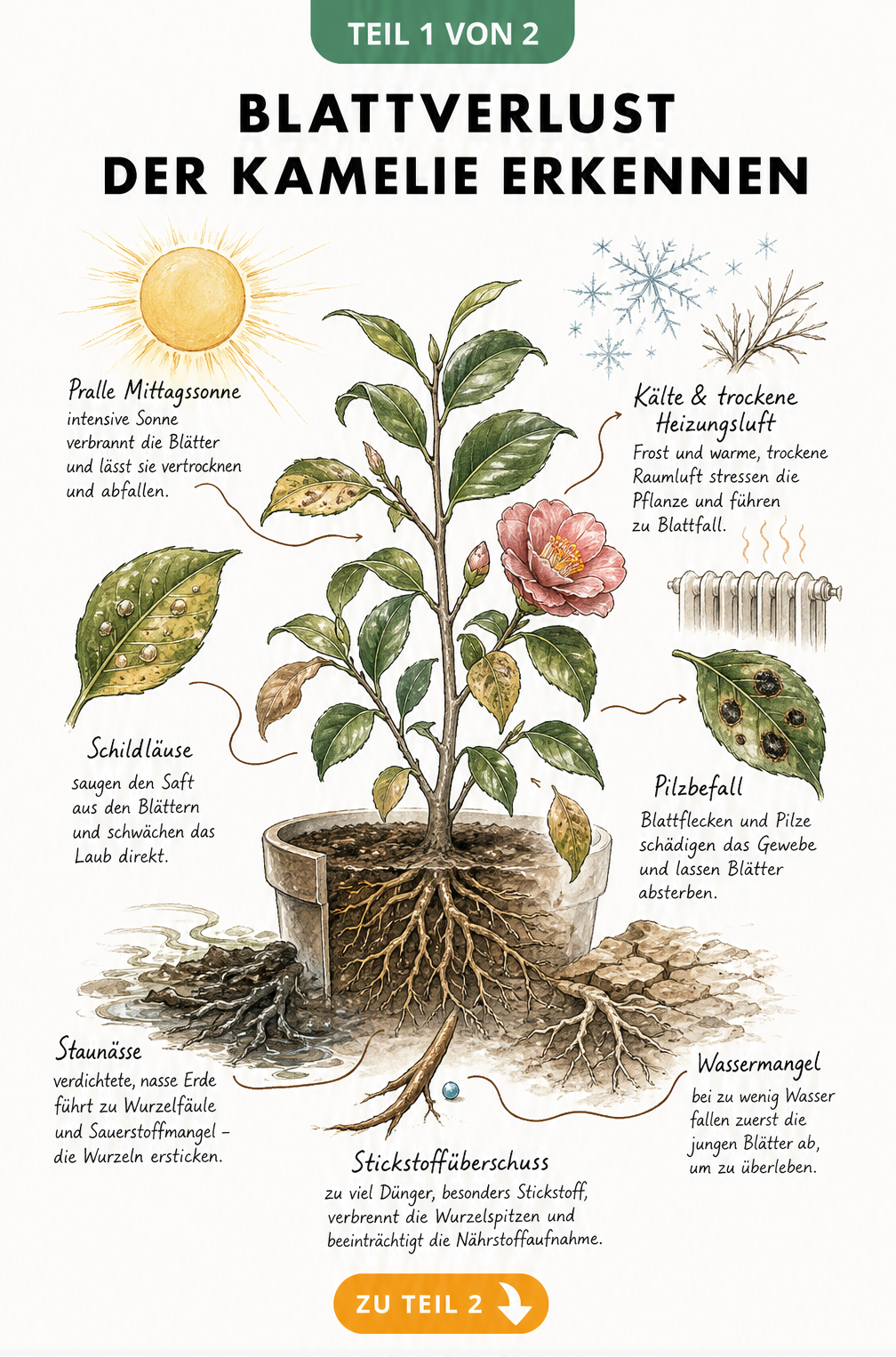 Botanische Illustration einer Kamelie im Querschnitt, die Ursachen für Blattverlust wie Staunässe, Trockenheit, Schädlinge und Sonnenbrand zeigt.