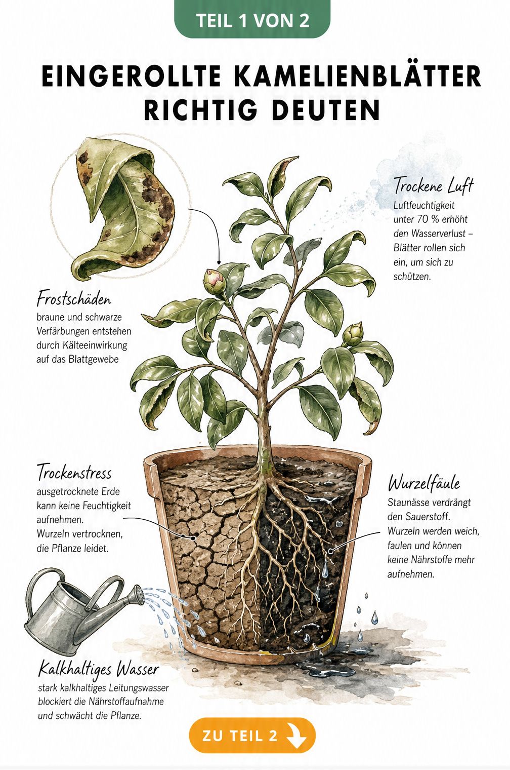 Botanische Illustration einer Kamelie im Querschnitt, die Ursachen für eingerollte Blätter wie Frostschäden, niedrige Luftfeuchtigkeit und Wurzelfäule durch...