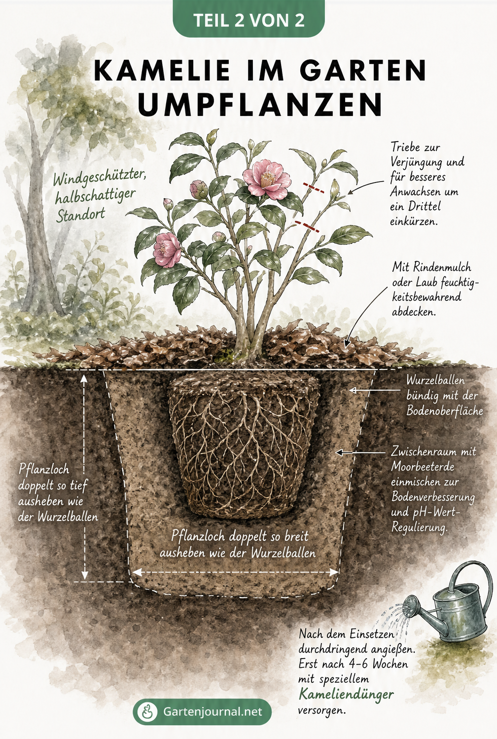 Schnittzeichnung einer Kamelie im Gartenboden, die das doppelt so große Pflanzloch, Rindenmulch und den Rückschnitt der Triebe zeigt