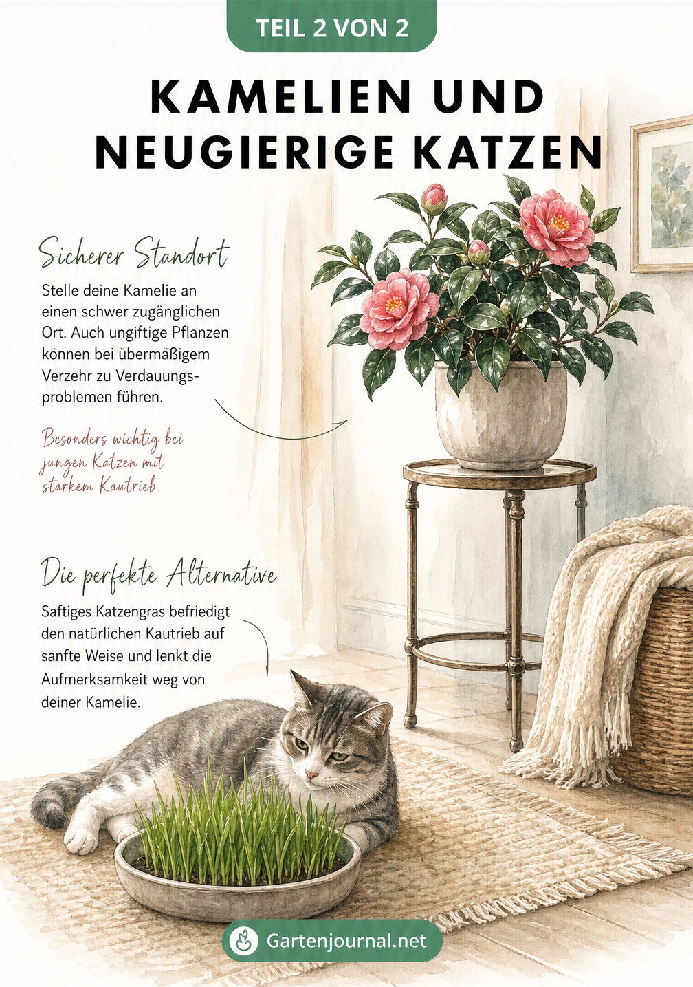 Illustration einer Katze neben Katzengras und einer Kamelie auf einem hohen Pflanzenständer.
