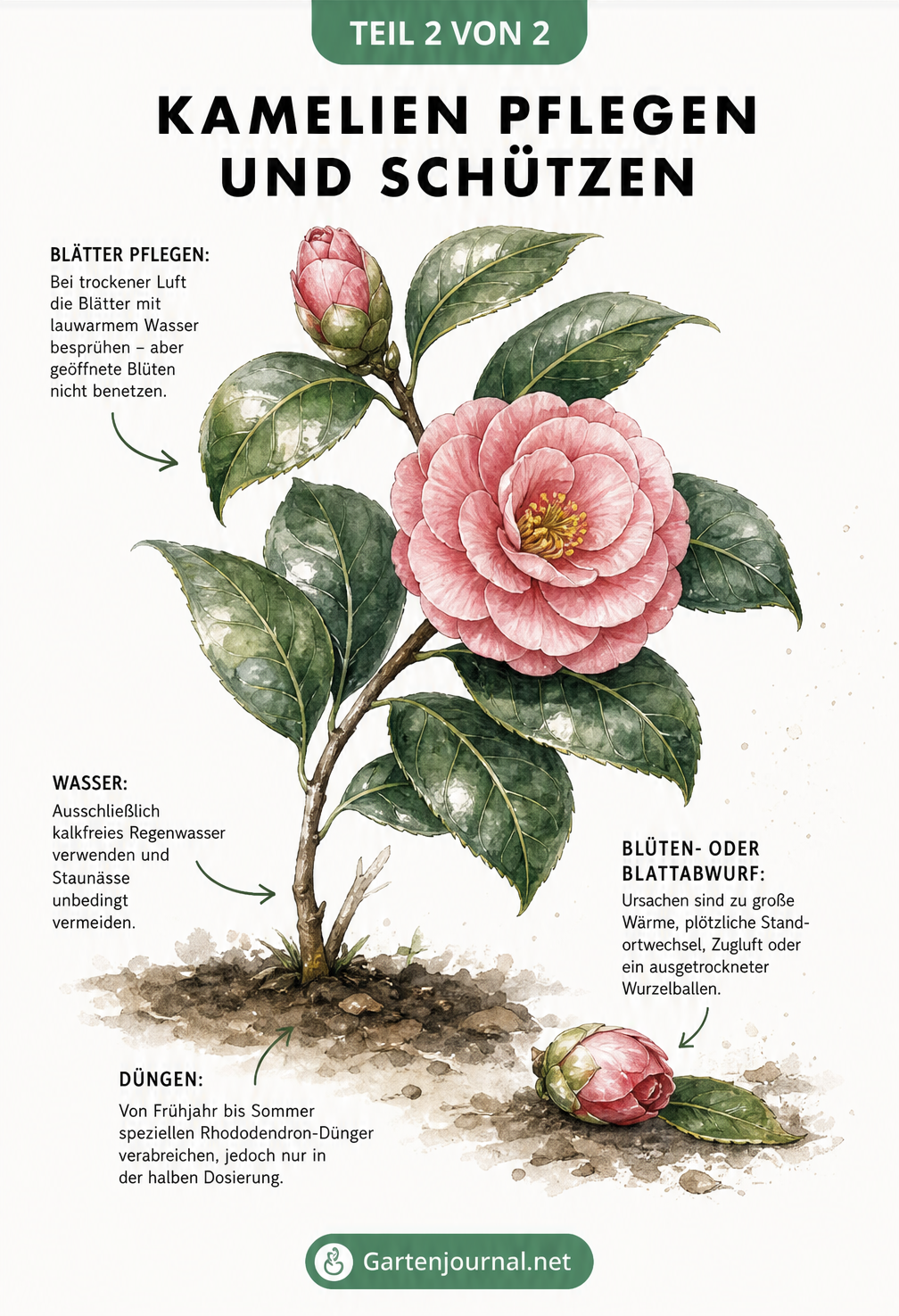 Botanische Illustration eines Kamelienzweigs mit Pflegehinweisen zu Gießen, Düngen und Ursachen für Blattverlust