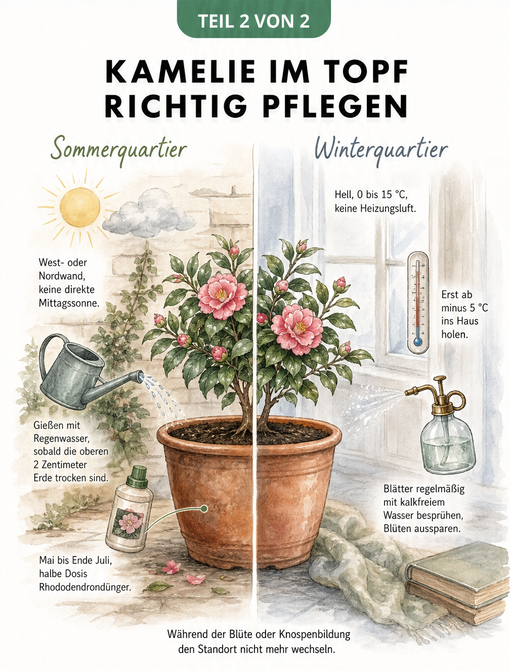 Zweigeteilte Illustration einer Kamelie im Topf, die links das Sommerquartier im Halbschatten und rechts das kühle Winterquartier im Haus zeigt.