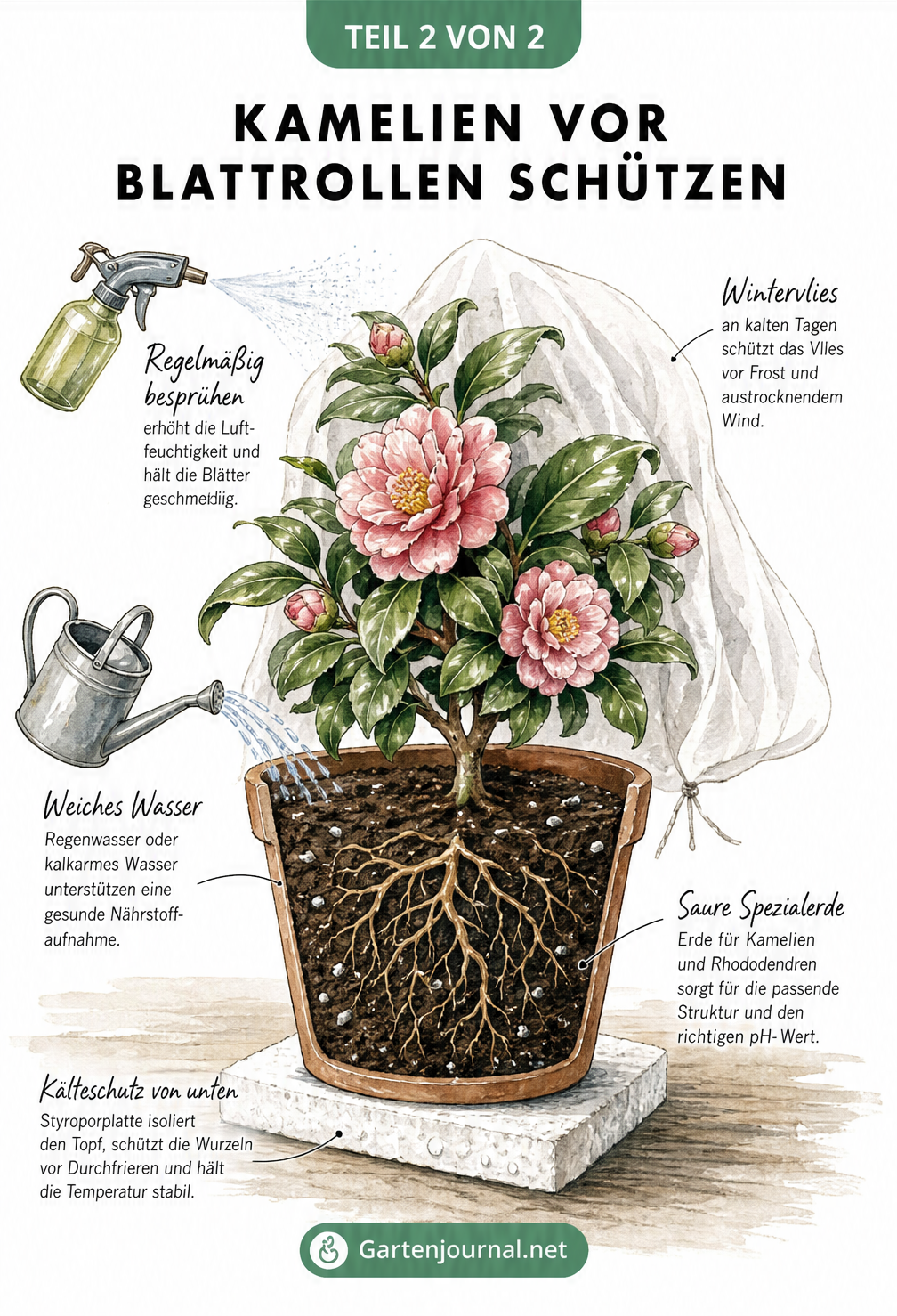 Illustration einer gesunden Kamelie im Topf mit Tipps zur Vorbeugung von Blattrollen: Kälteschutz durch Styropor, saure Spezialerde, Besprühen mit Wasser und...