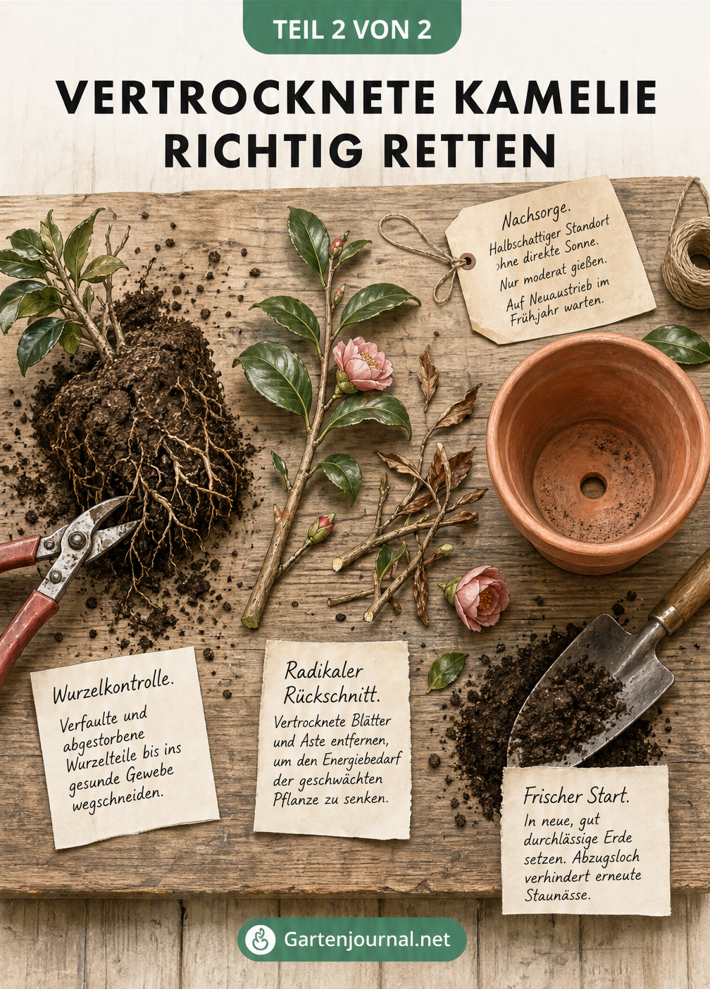 Illustration eines Pflanztisches mit einer Kamelie, die umgetopft und zurückgeschnitten wird, um sie vor dem Vertrocknen zu retten.