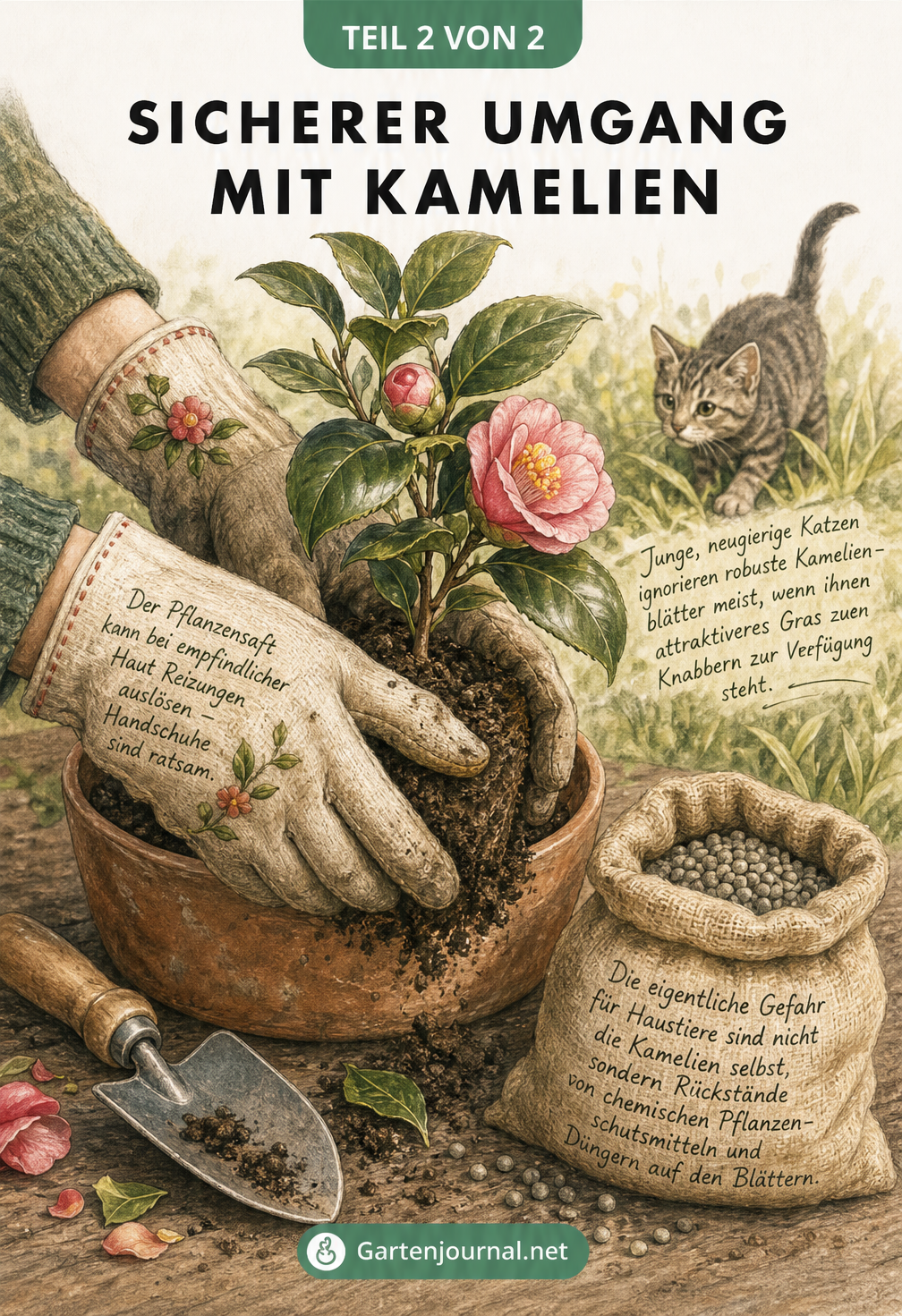 Illustration von Händen in Gartenhandschuhen beim Umtopfen einer Kamelie, im Hintergrund eine Katze im Gras