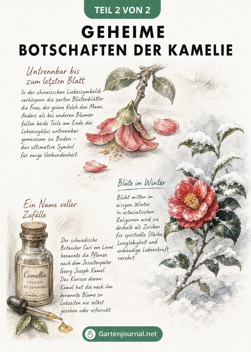 Skizzenbuch-Illustration mit einer fallenden Kamelienblüte, einem schneebedeckten Zweig und einem antiken Apothekerfläschchen zur Erklärung der...