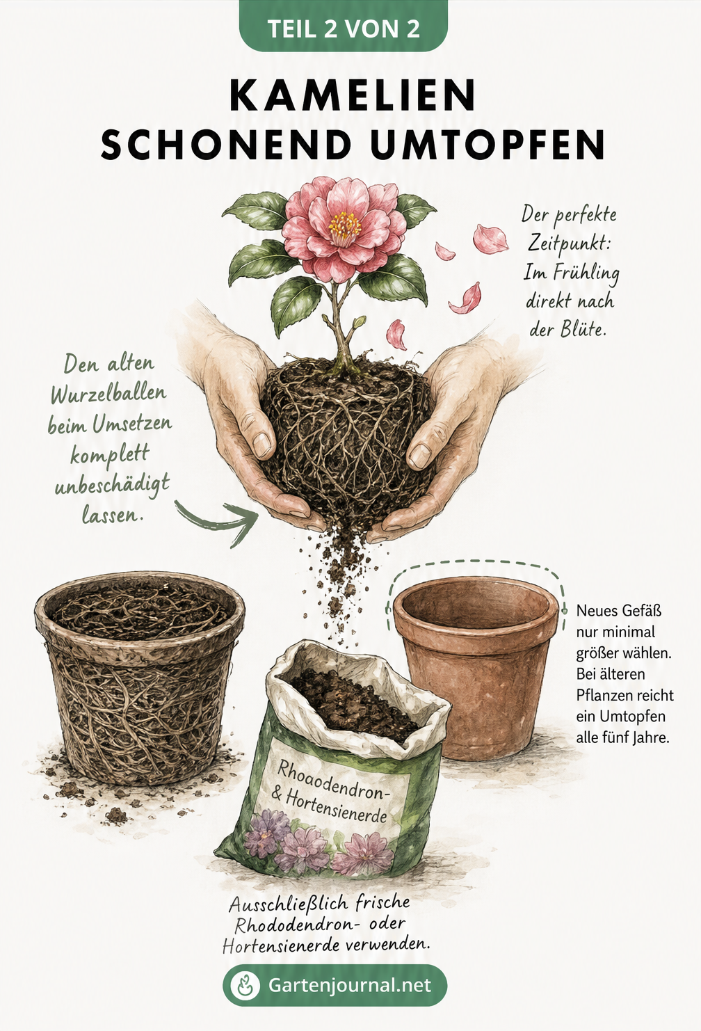 Illustration von Händen, die einen intakten Kamelien-Wurzelballen halten, daneben ein alter und ein minimal größerer neuer Topf sowie Rhododendronerde