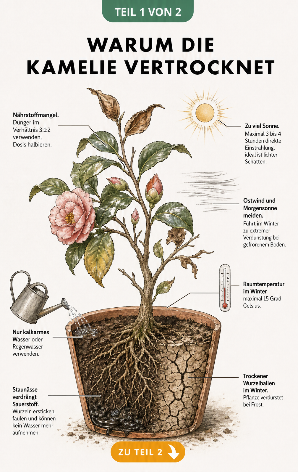 Botanische Illustration einer Kamelie im Querschnitt, die Ursachen für das Vertrocknen wie Staunässe, Nährstoffmangel und zu viel Sonne zeigt.