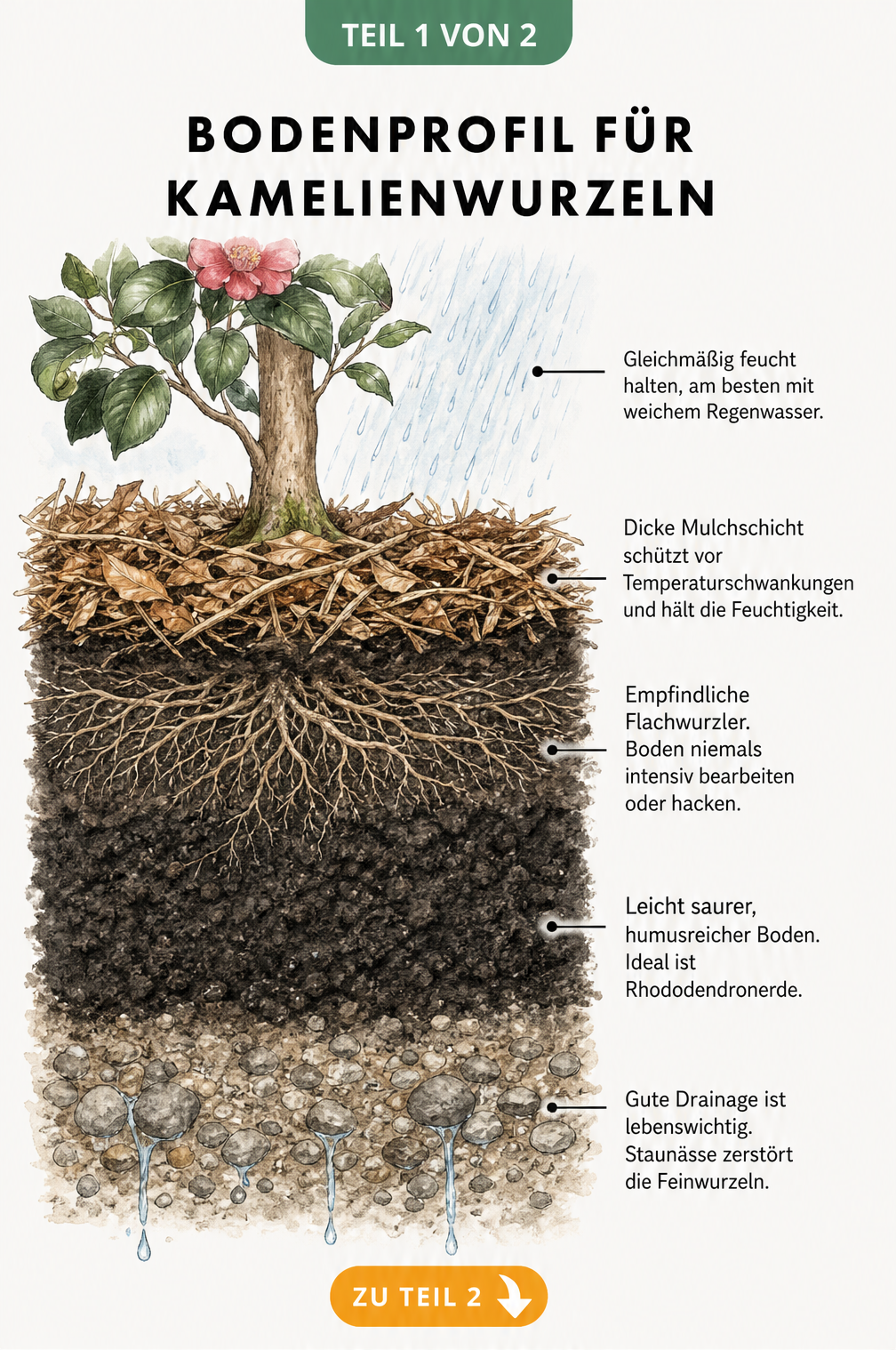 Querschnitt durch das Erdreich einer gepflanzten Kamelie mit Mulchschicht, flachem Wurzelsystem und Drainageschicht