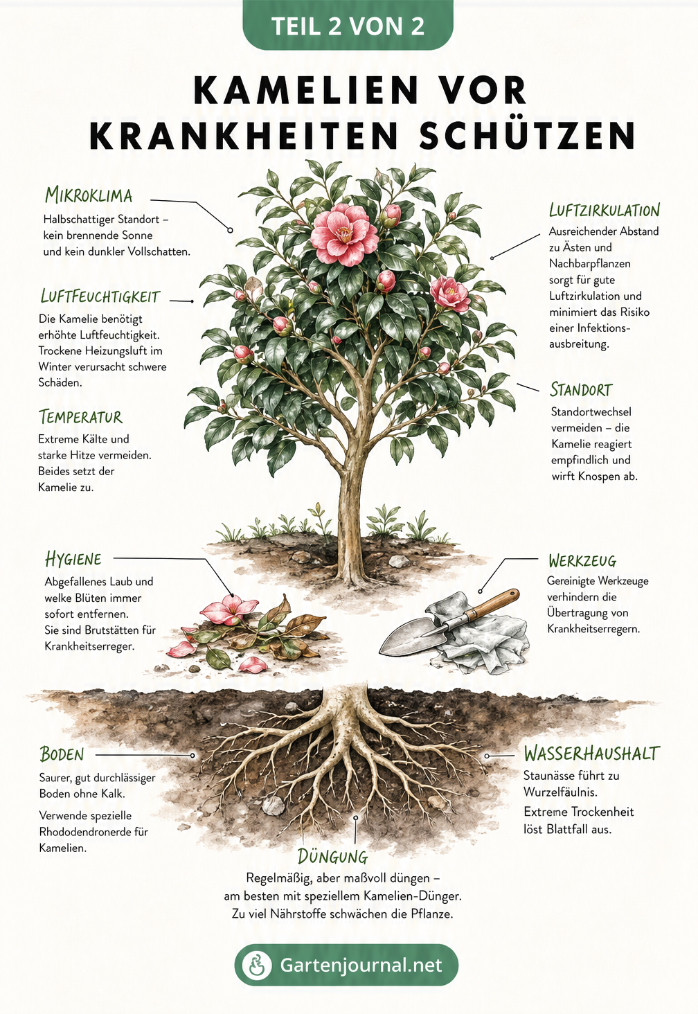 Querschnitt einer gesunden Kamelie im Garten mit Hinweisen zu idealem Boden, Hygiene, Pflanzabstand und Mikroklima.